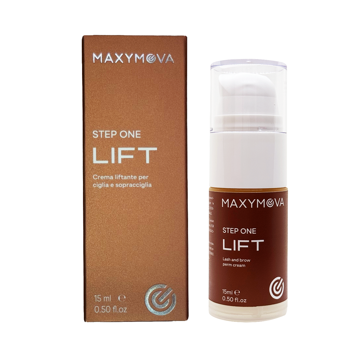 Maxymova Step 1 Lift, Creme de Lifting 15 ml Frasco e caixa castanho e branco do creme MAXYMOVA STEP ONE LIFT para pestanas e sobrancelhas