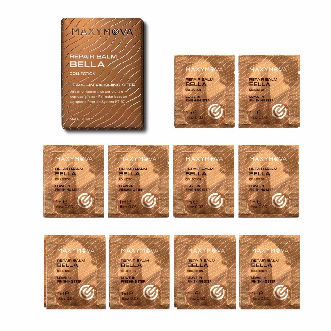 Maxymova Repair Balm Bella Sachets 10x1 ml - Reparação Lash & Brow Conjunto de amostras de bálsamo reparador MAXYMOVA BELLA em embalagens castanhas
