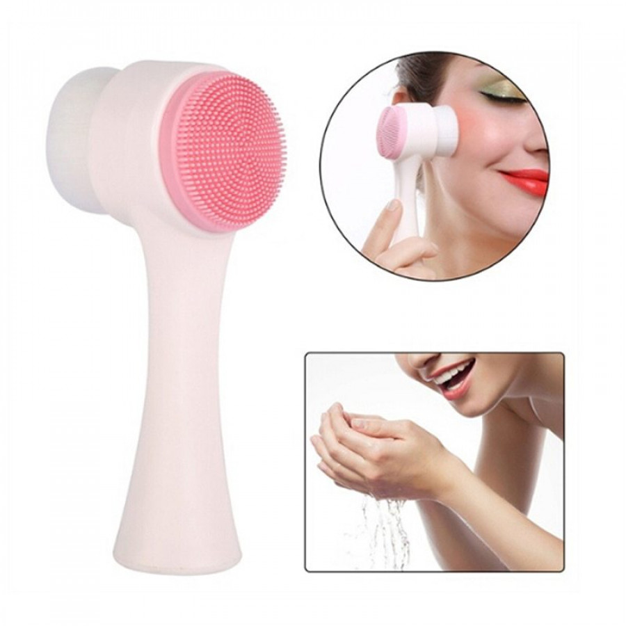 Escova Facial 2 em 1 Escova de limpeza facial rosa com cerdas de silicone e imagens de utilização no rosto e lavagem de mãos