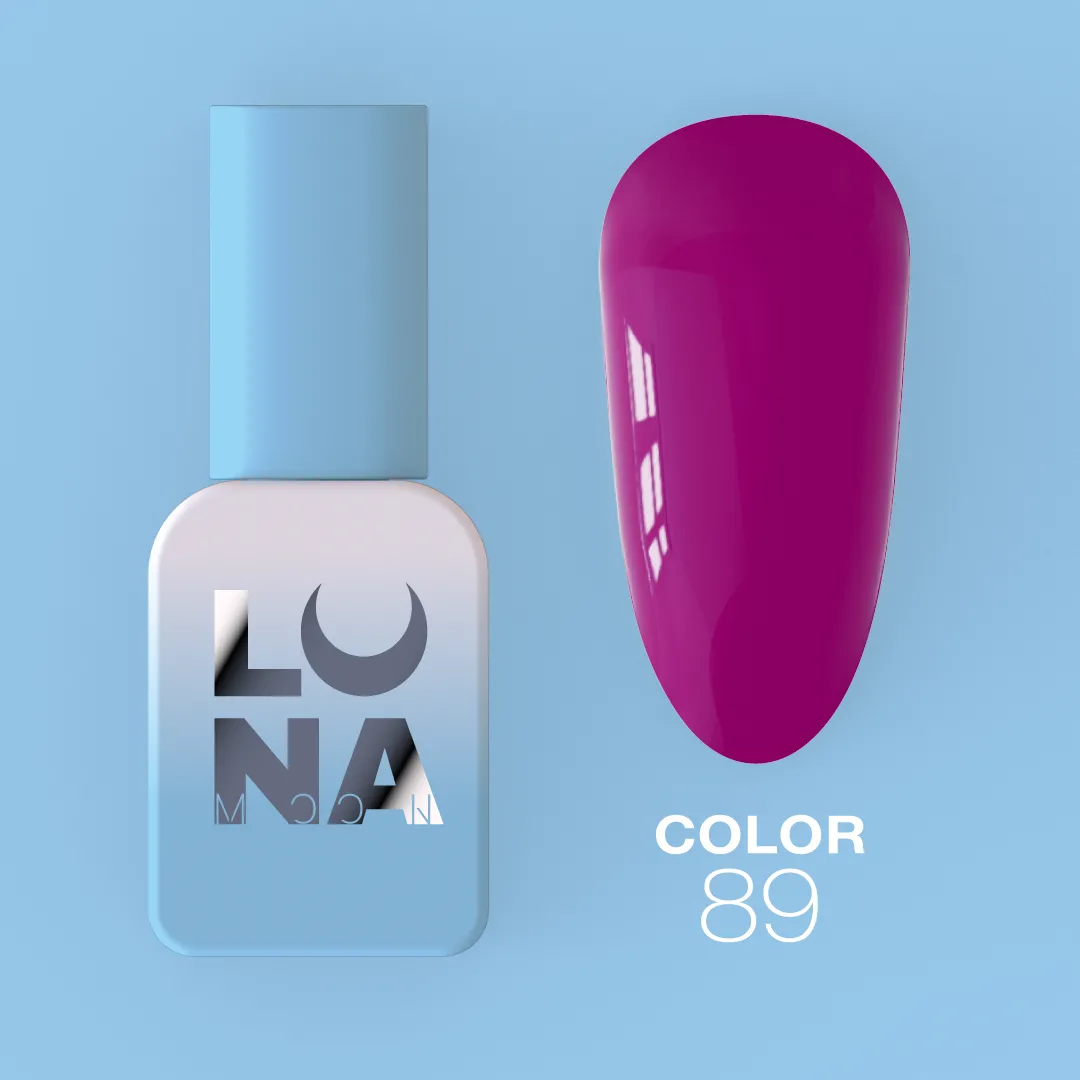 Frasco de verniz de unhas azul claro e amostra cor rosa brilhante com texto COLOR 89