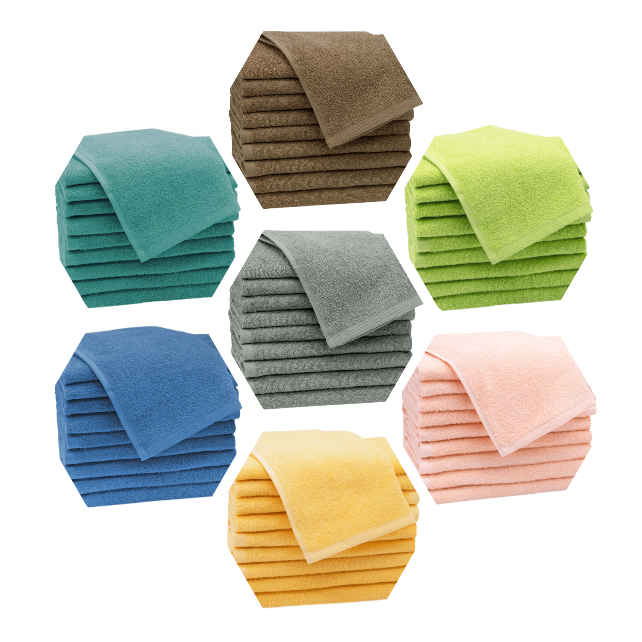 Kit 10 Toalhas 30 x 50 cm Zurique Algodão 100% Sete toalhas coloridas empilhadas, em cores castanho, verde lima, cinza claro, azul, amarelo, salmão e turquesa