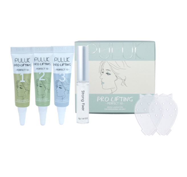 Kit Puluk Brow Lamination Conjunto de produtos PULUK PRO LIFTING com três tubos coloridos, frasco e caixa ilustrada.