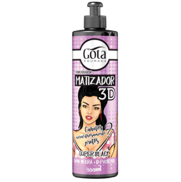 Matizador Condicionador 3D Super Black Gota Dourada 300 ml Frasco de tonalizante matizador 3D Gota Dourada preto e lilás com ilustração e texto