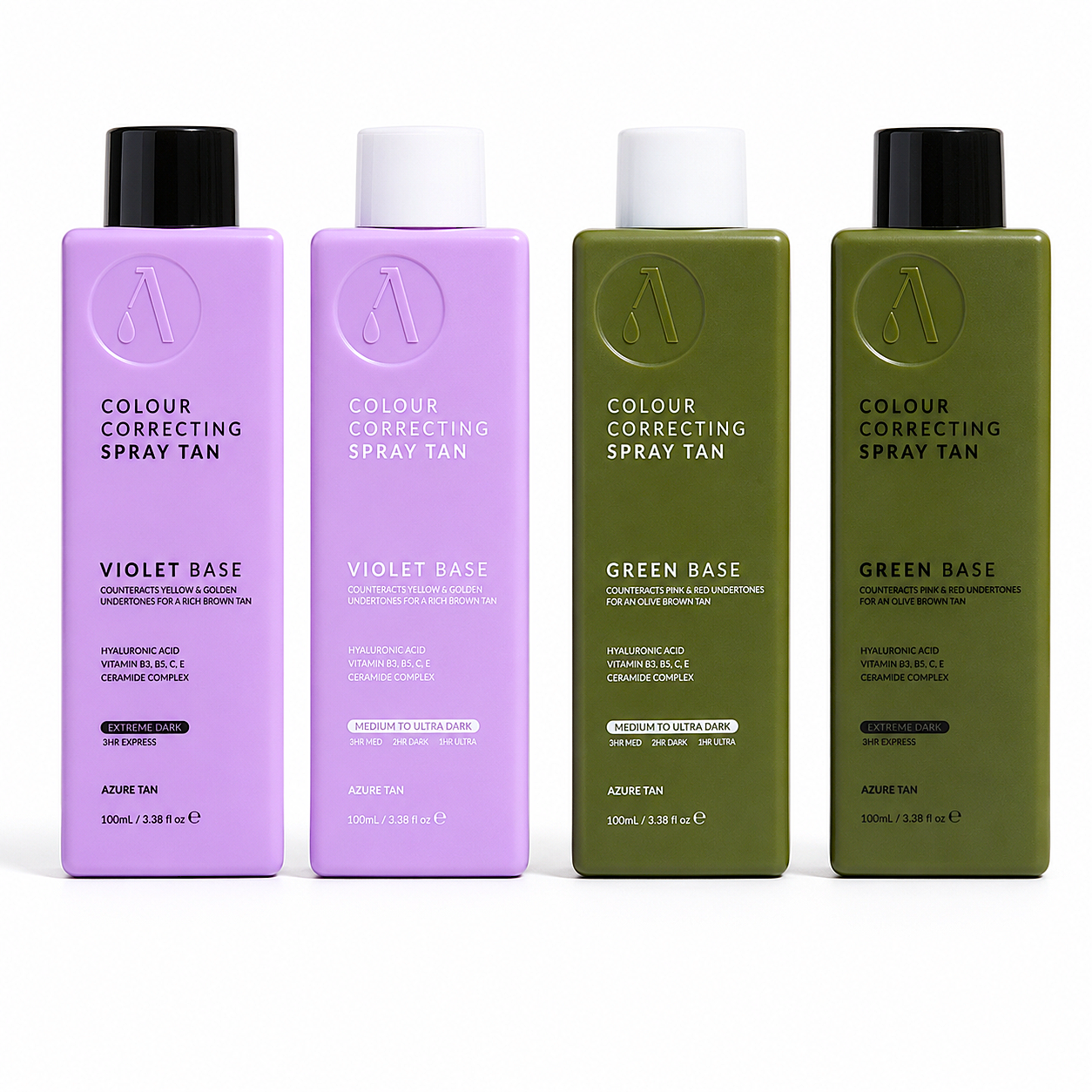 Kit Soluções de Bronzeamento a Jato 4 x 100 ml Frascos lilás e verdes de spray para bronzeamento com correção de cor