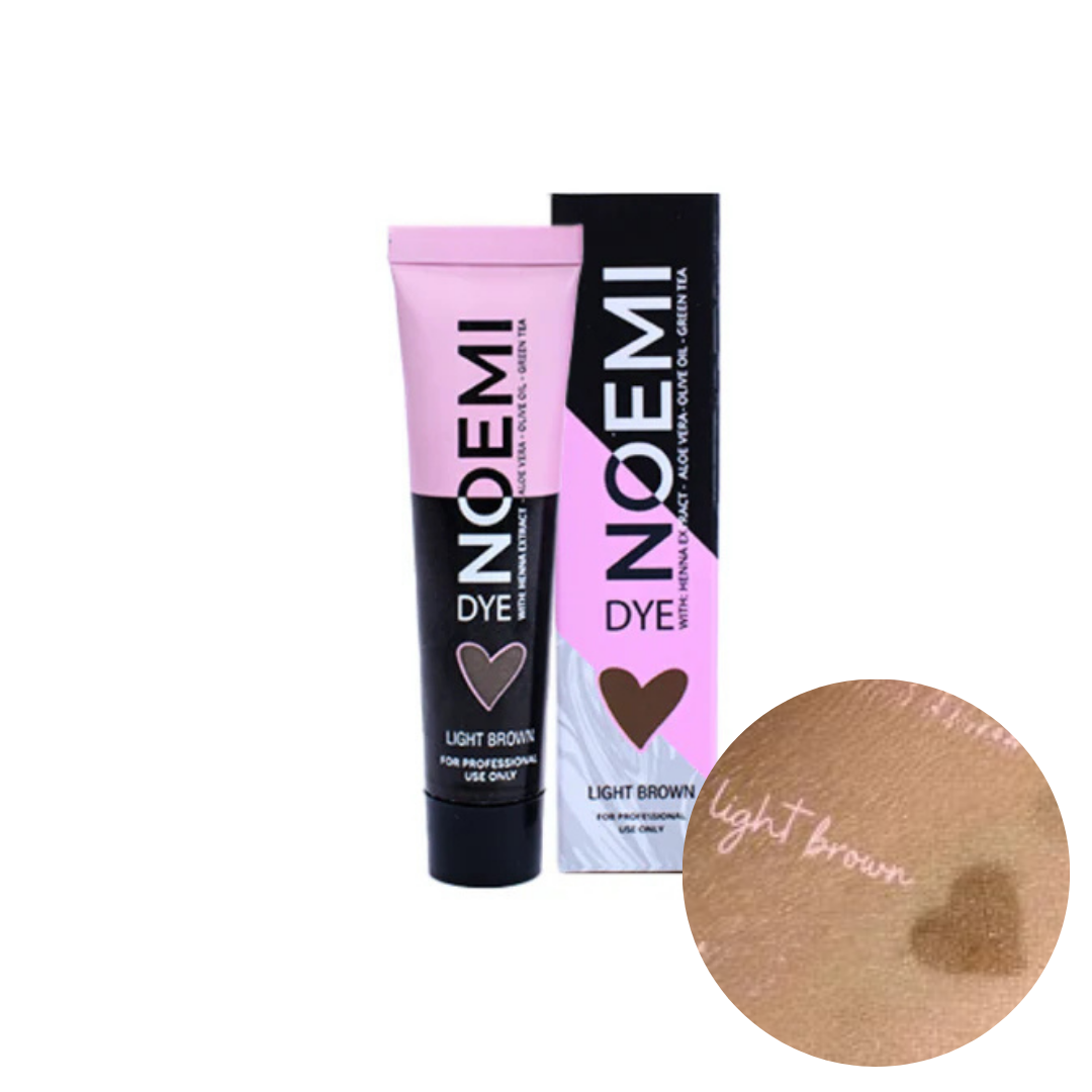 Noemi - Tintura Híbrida para Sobrancelhas e Pestanas - Light Brown Tubo de tinta capilar NOEMI DYE cor light brown junto com embalagem e amostra da cor na pele