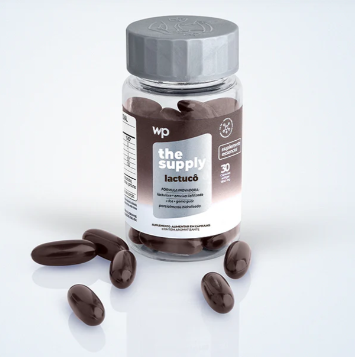 Lactucô - Saúde Intestinal - Wepink Frasco de cápsulas gelatinosas castanho-escuro com rótulo branco e castanho