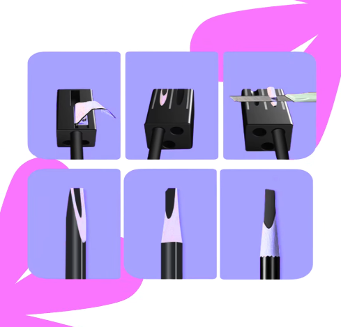 POPU Apontador Plano para Lápis de Sobrancelha Apontador manual de lápis preto com detalhes da lâmina sob fundo lilás