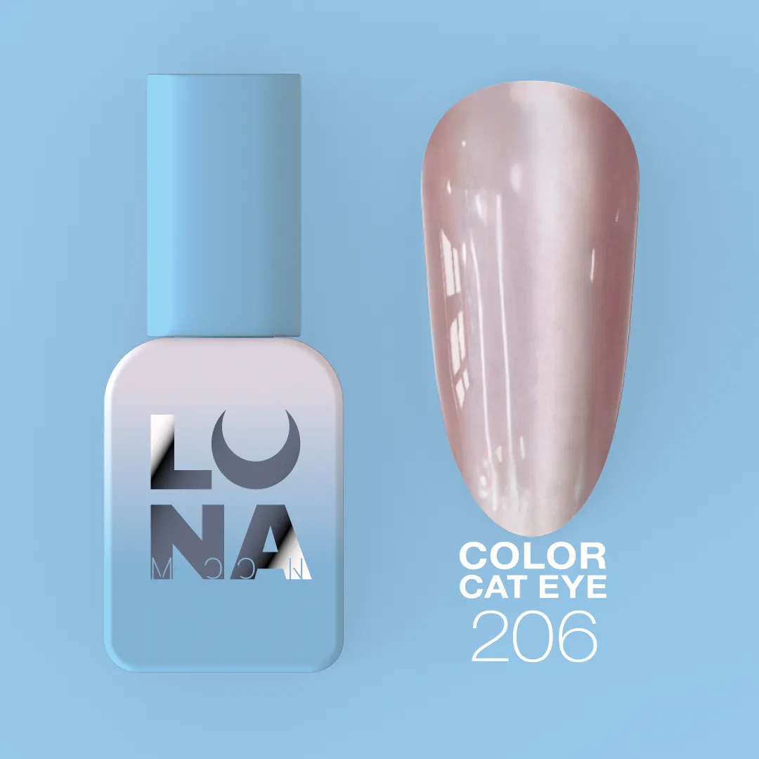 Frasco de verniz de unhas azul claro com rótulo LUNA MACCANI e amostra de cor perolada rosa