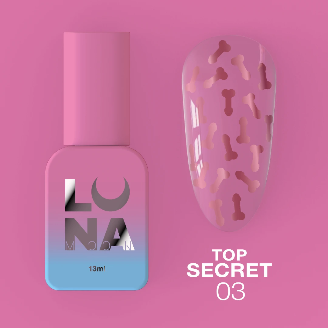 Top Secret Nº 3 – 13 ml LUNAmoon Frasco de verniz LUNA rosa e azul com unha postiça decorada e texto TOP SECRET 03