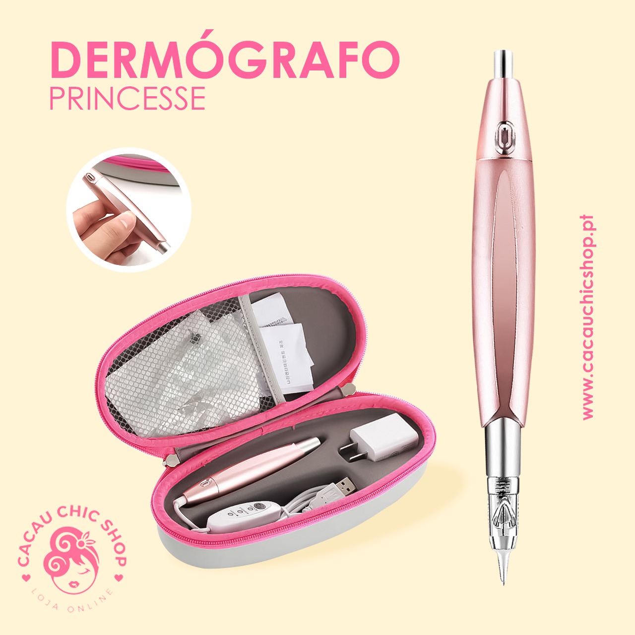 🌸 Dermógrafo Charme Princesse Dermógrafo rosa metálico PRINCESSE com estojo e acessórios