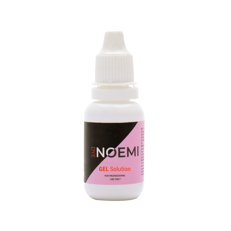 Noemi Solution Gel 3% - Ativador de Coloração 14 ml Frasco branco de plástico com tampa e rótulo preto e rosa de gel NOEMI
