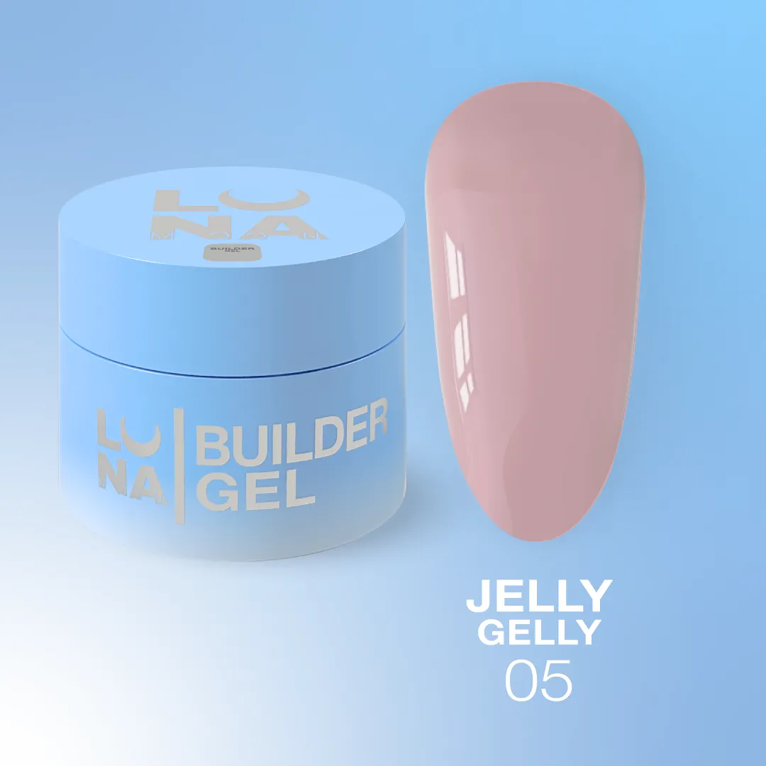 Jelly Gelly Nº5 – Gel de Construção Dusty Pink – 15 ml LUNAmoon Embalagem azul de gel para unhas e amostra rosa claro