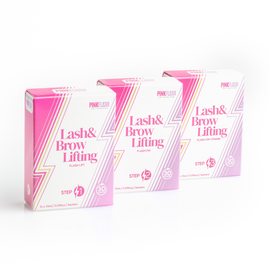 Kit Pink Flash Lash & Brow Lift – Passos 1, 2 e 3 (10×1,5 ml cada) Três caixas de Lash & Brow Lifting da PINK FLASH em tons de rosa e branco com indicações STEP 1, 2 e 3.