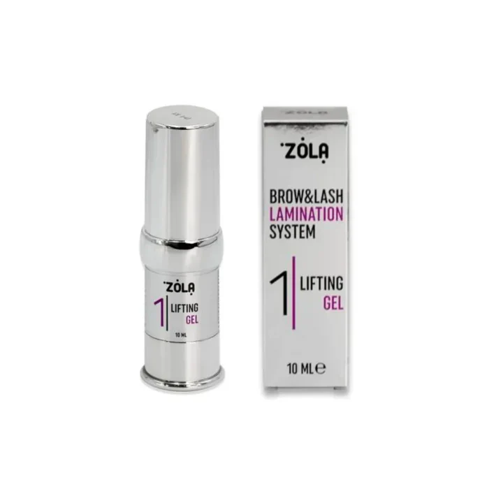 ZOLA Silver Laminating Compound 01 Lifting Gel - Brow & Lash Lamination Gel lifting para sobrancelhas e pestanas ZOLA em frasco prateado e caixa prateada com texto preto e roxo