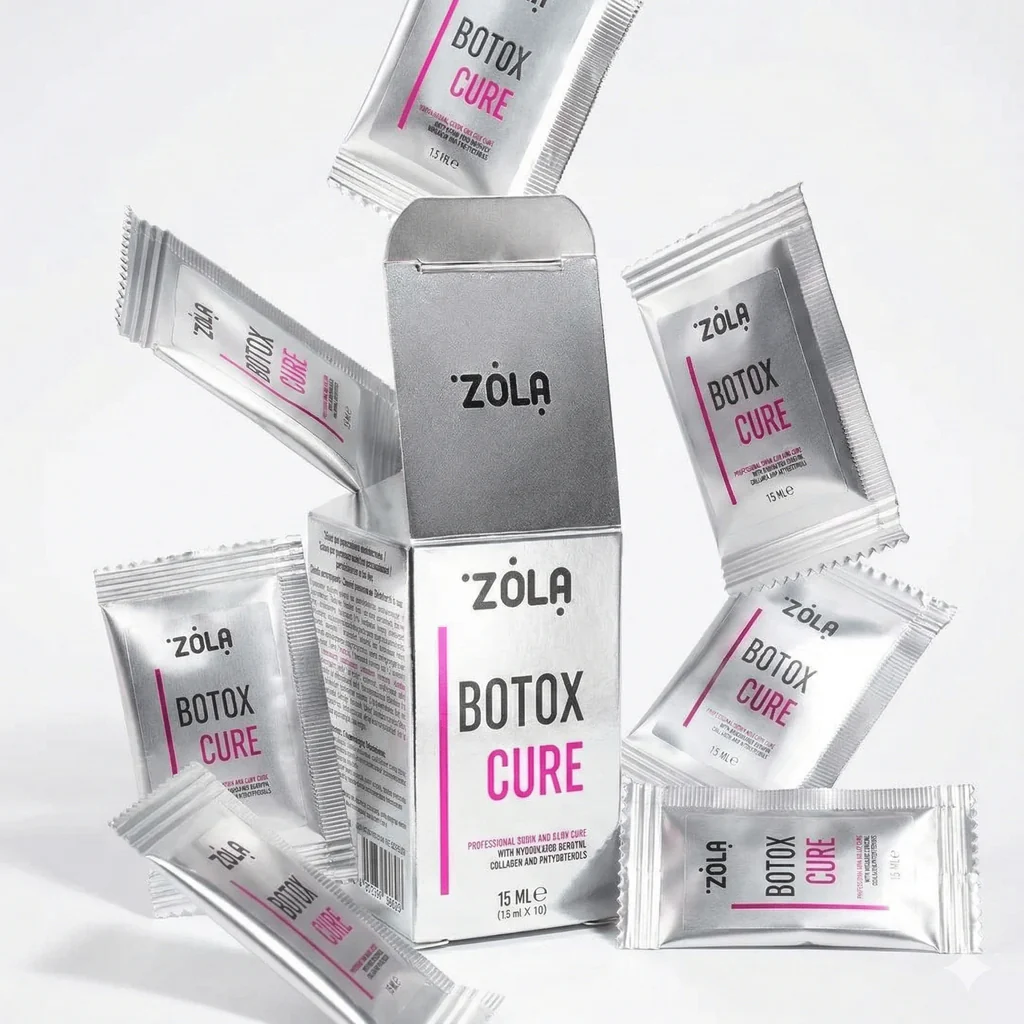 ZOLA BTX Cure Sachet 1.5 ml x 10 - Botox para Sobrancelhas e Pestanas Embalagem prateada e sachês de ZOLA BOTOX CURE em fundo branco