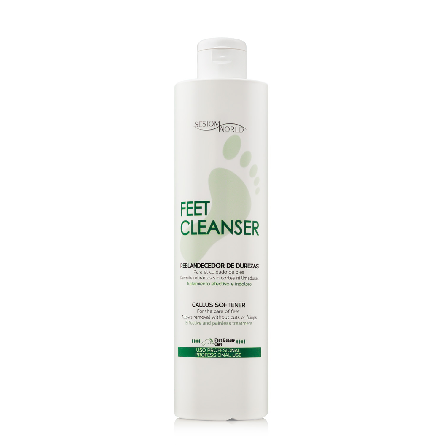 Líquido Amaciador Durezas dos Pés 500ml Frasco branco com tampa, produto Feet Cleanser para cuidados dos pés.