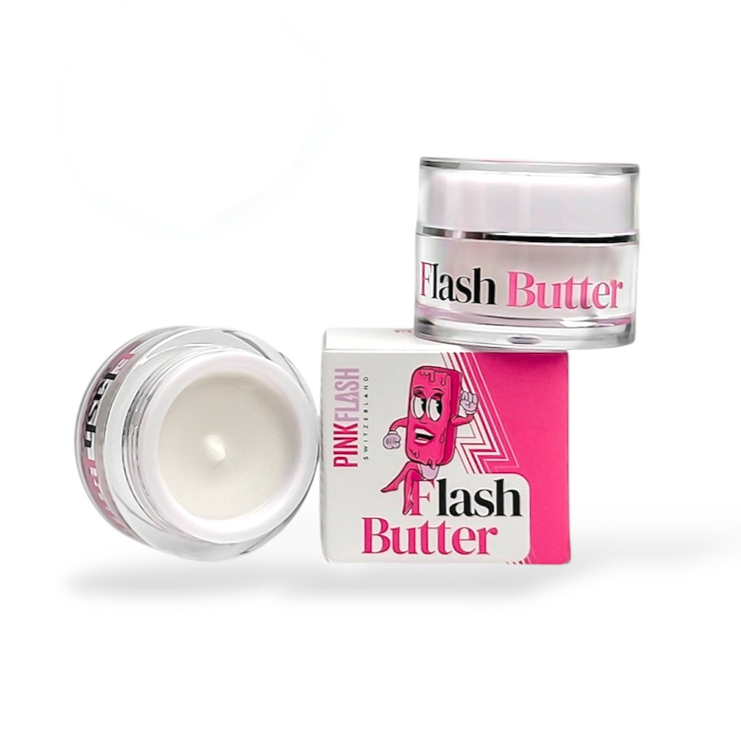 Pink Flash Butter Glue – Adesivo Cremoso para Lifting de Pestanas Creme Flash Butter em frascos de vidro com embalagem e rótulos em branco, rosa e preto