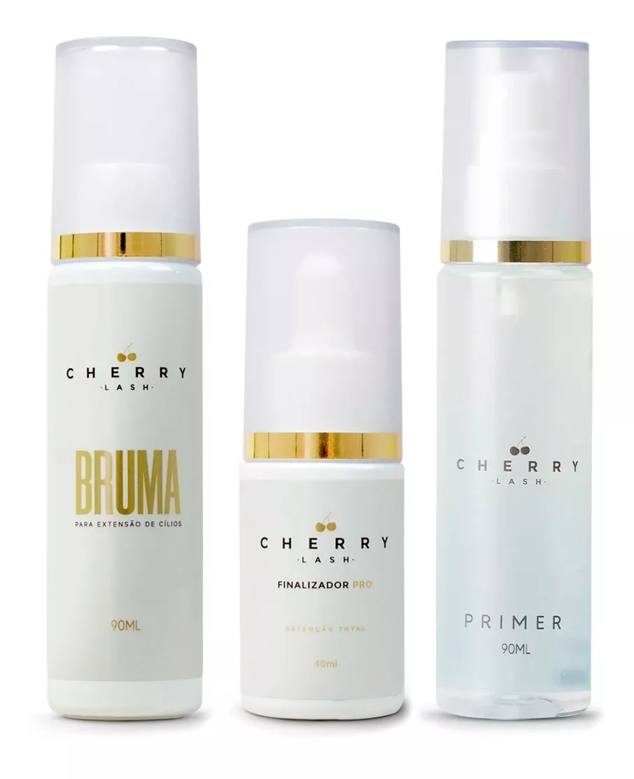 TOP VENDAS🥇Kit Retenção Total Cherry Lash Três frascos de produtos cosméticos CHERRY LASH para cílios em fundo branco