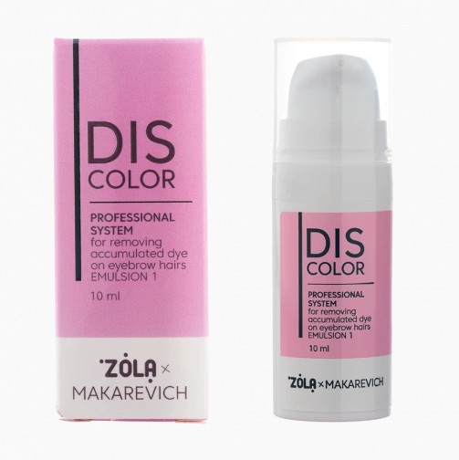 ZOLA Discolor Emulsion 1 - Removedor de Tintura de Sobrancelhas Embalagem e frasco do produto DIS COLOR Professional System para sobrancelhas