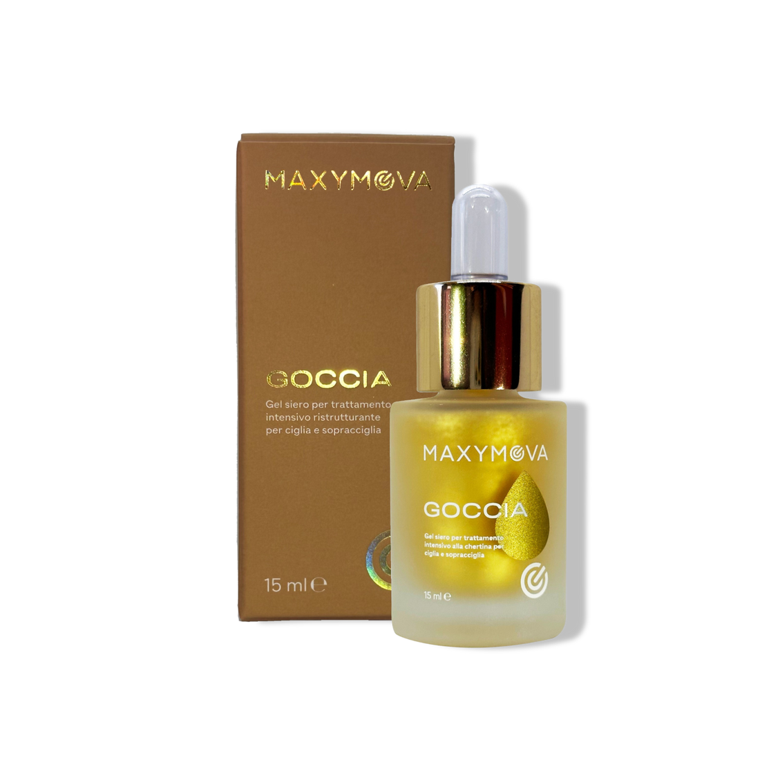 Maxymova Goccia, Sérum de Cuidado Pós-Coloração 15 ml Frasco e embalagem de sérum MAXYMOVA GOCCIA 15 ml
