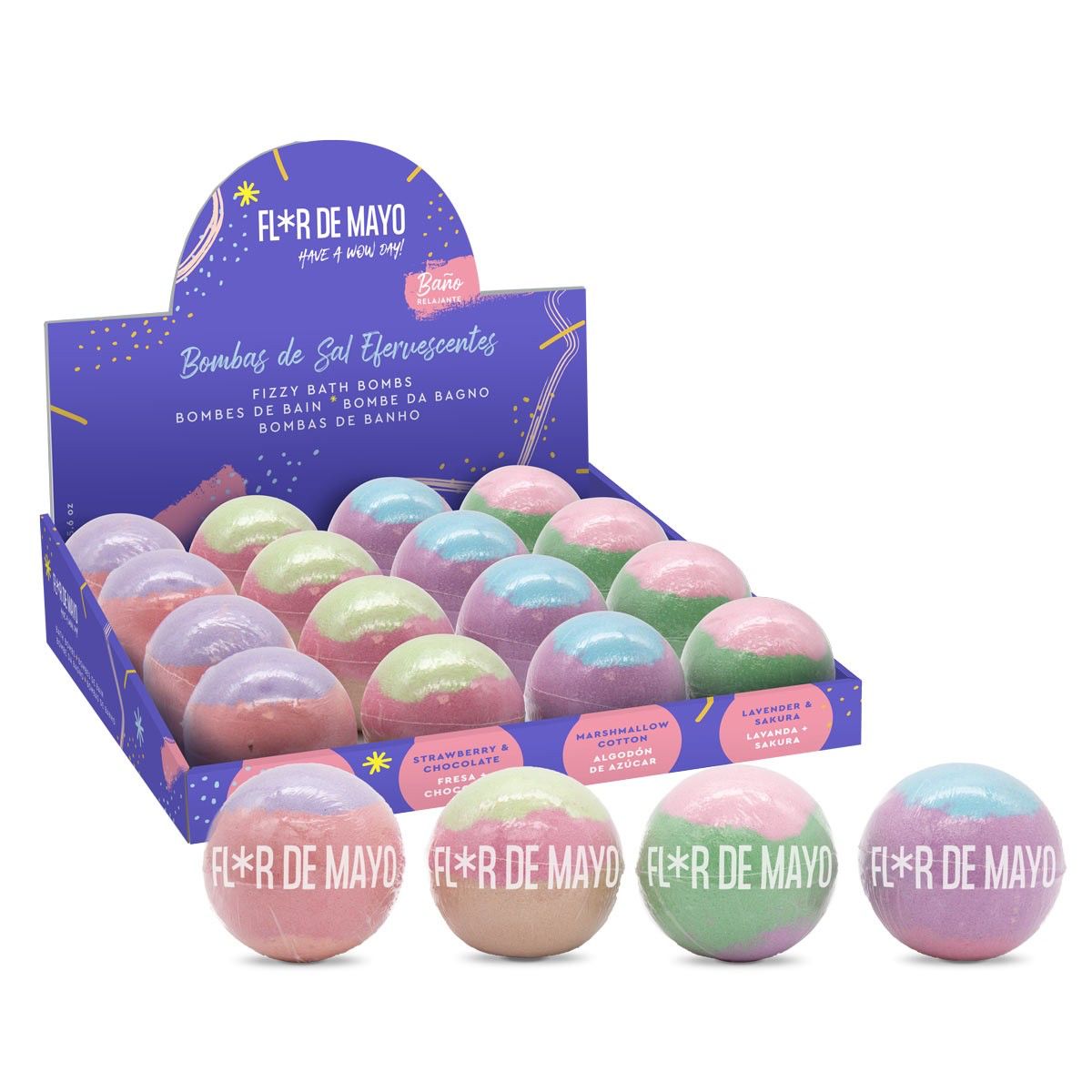 Bomba de Banho Efervescente - Bath Bomb - 16 und de 160g Bombas de banho em bola coloridas com embalagem azul 'FL*R DE MAYO'