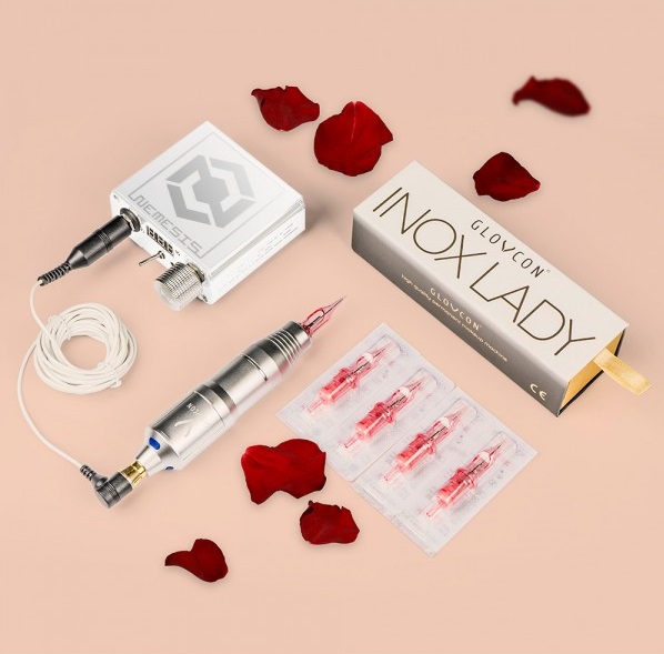 Kit Silver Dermógrafo + Fonte + 20 Agulhas Máquina de tatuagem prateada com acessórios e caixa INOX LADY