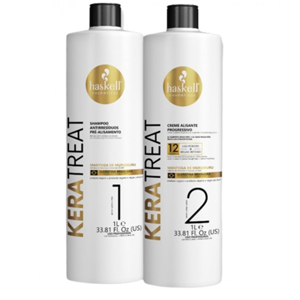 Haskell Keratreat – Kit Capilar Profissional Efeito Disciplinante (2x1L) Frascos brancos de shampoo e creme de tratamento capilar KERATREAT da Haskell