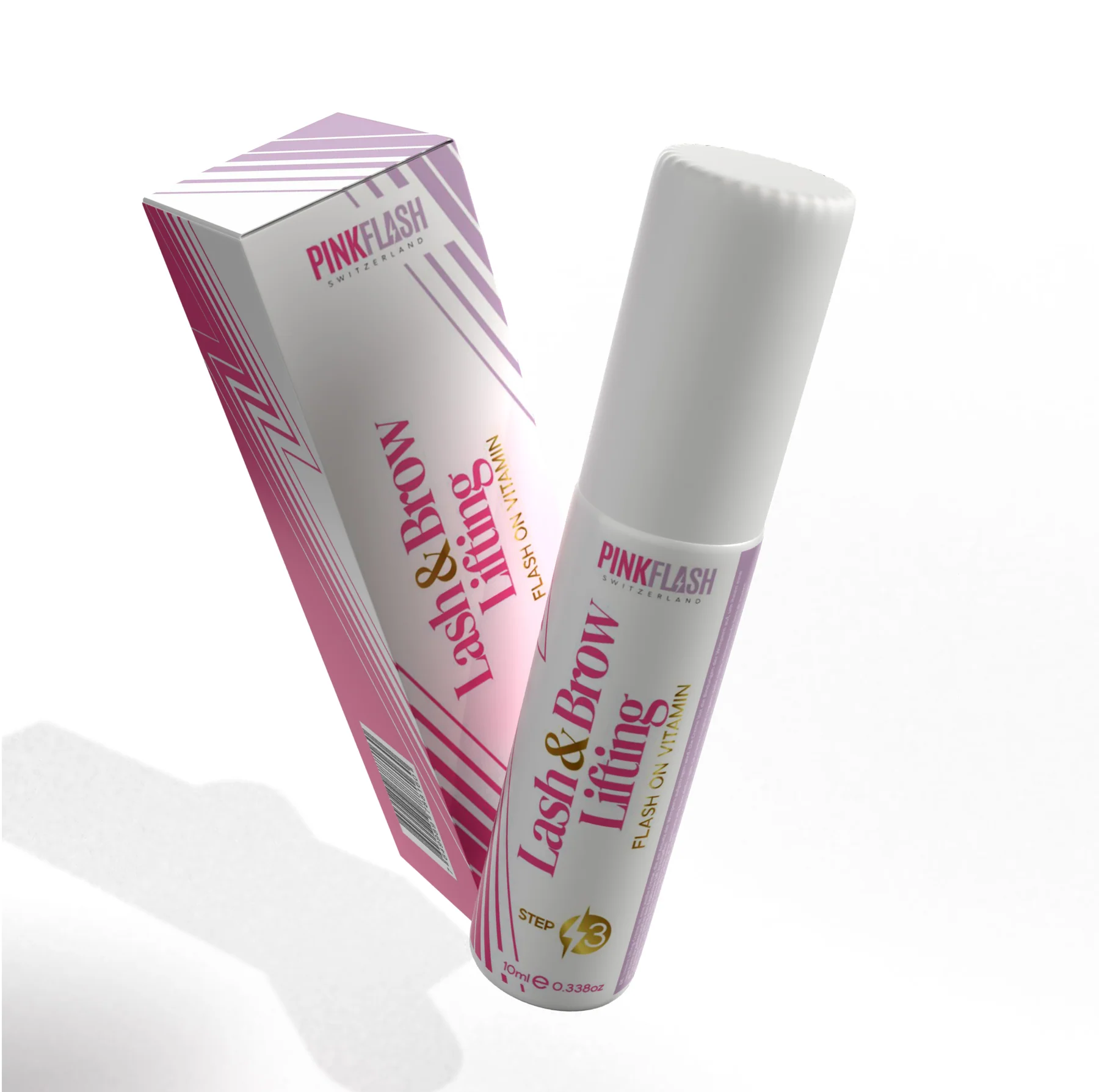 Pink Flash Lash & Brow Vitamin – Passo 3 - 10 ml Frasco branco com embalagem do produto Lash & Brow Lifting da PINK FLASH