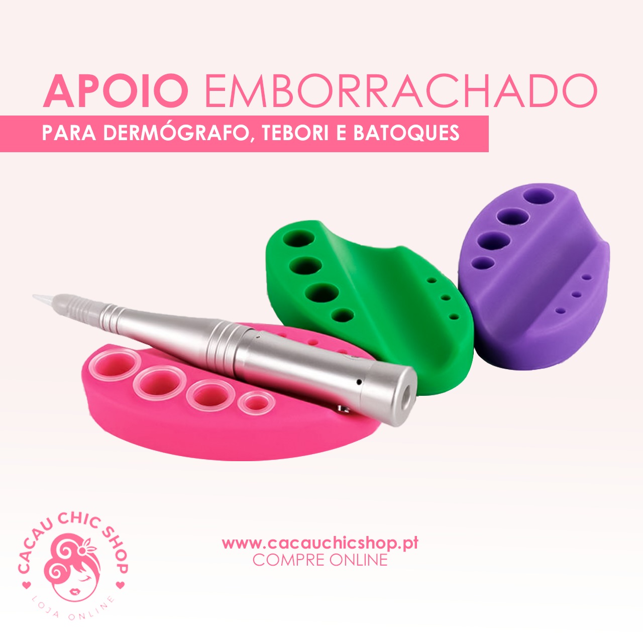 Apoio Suporte Emborrachado P/ Material Apoios emborrachados rosa, verde e roxo para dermógrafo com aparelho metálico posicionado