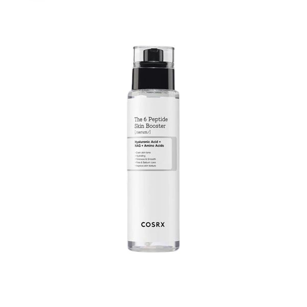 COSRX – 6 Peptide Skin Booster Serum 150 ml Frasco transparente de suplemento de pele branco com tampa preta e rótulo branco