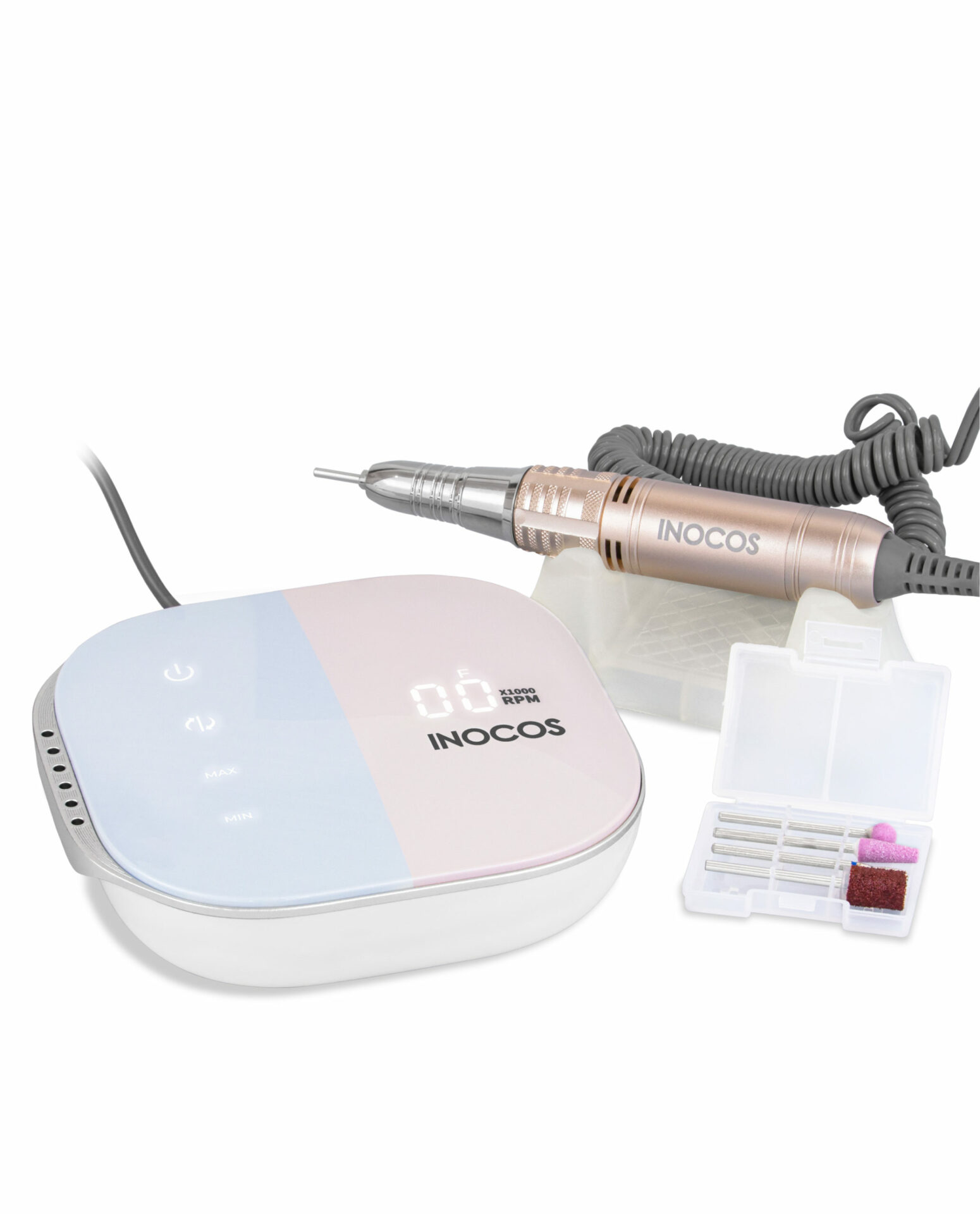 Broca Inocos – Nail Drill Glam Pro 35.000 Equipamento para unhas INOCOS com unidade principal, caneta manual e acessórios em caixa transparente.