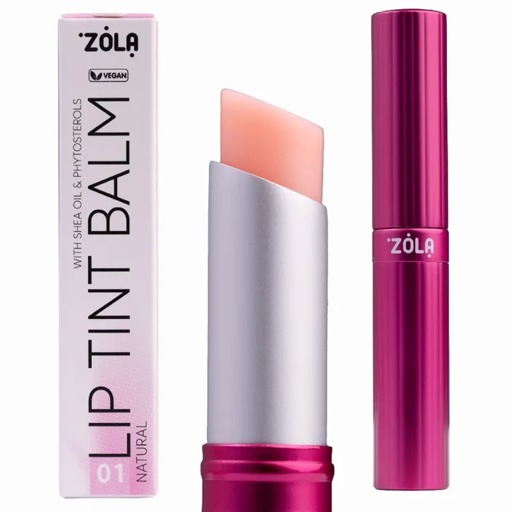 ZOLA Lip Tint Balm 01 Natural - Bálsamo Labial com Cor Bálsamo labial ZOLA Lip Tint Balm cor natural 01 com embalagem rosa metálica
