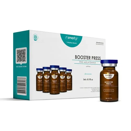 Kit Smart Booster Press Pro Melatonina Smart GR - Skinbooster Profissional Embalagem e frascos do produto Booster Press Pro Melatonina da smartgr