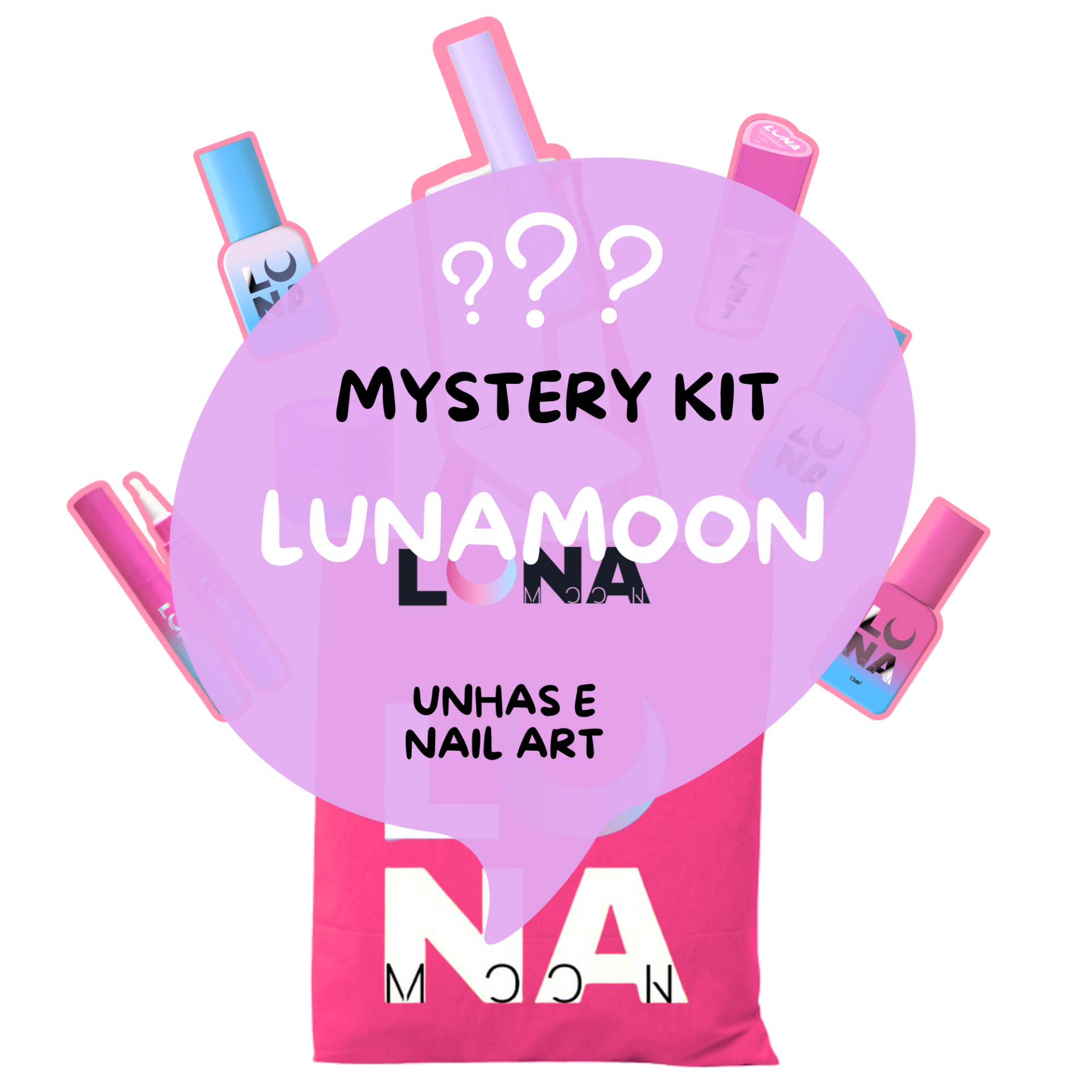 Mystery Kit LunaMoon - Kit Surpresa de Unhas e Nail Art Kit Lunamoon com vernizes coloridos e bolsa rosa