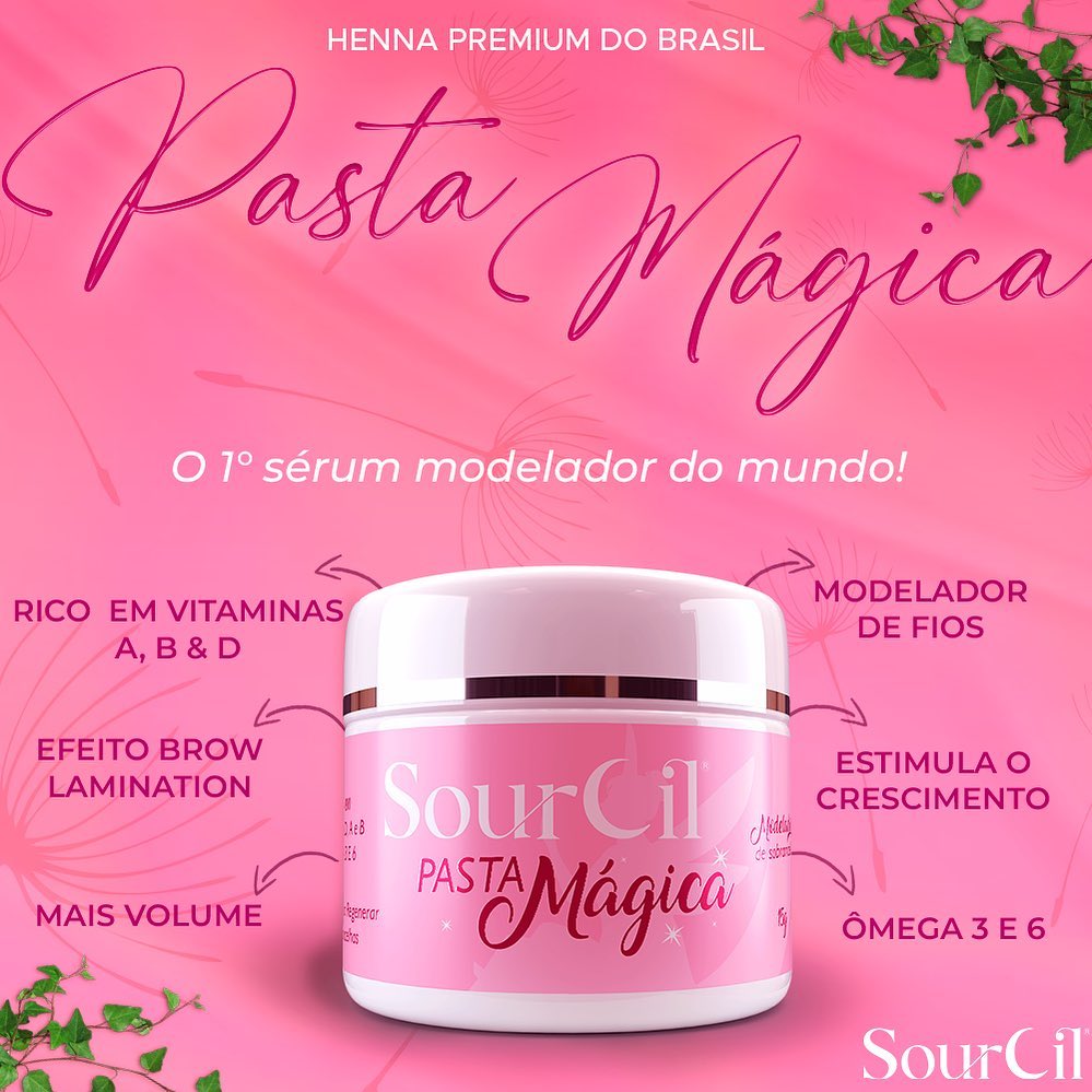 Pasta Mágica Modeladora Sourcil🌸 Pote rosa do produto SourCil Pasta Mágica com texto promocional em fundo rosa