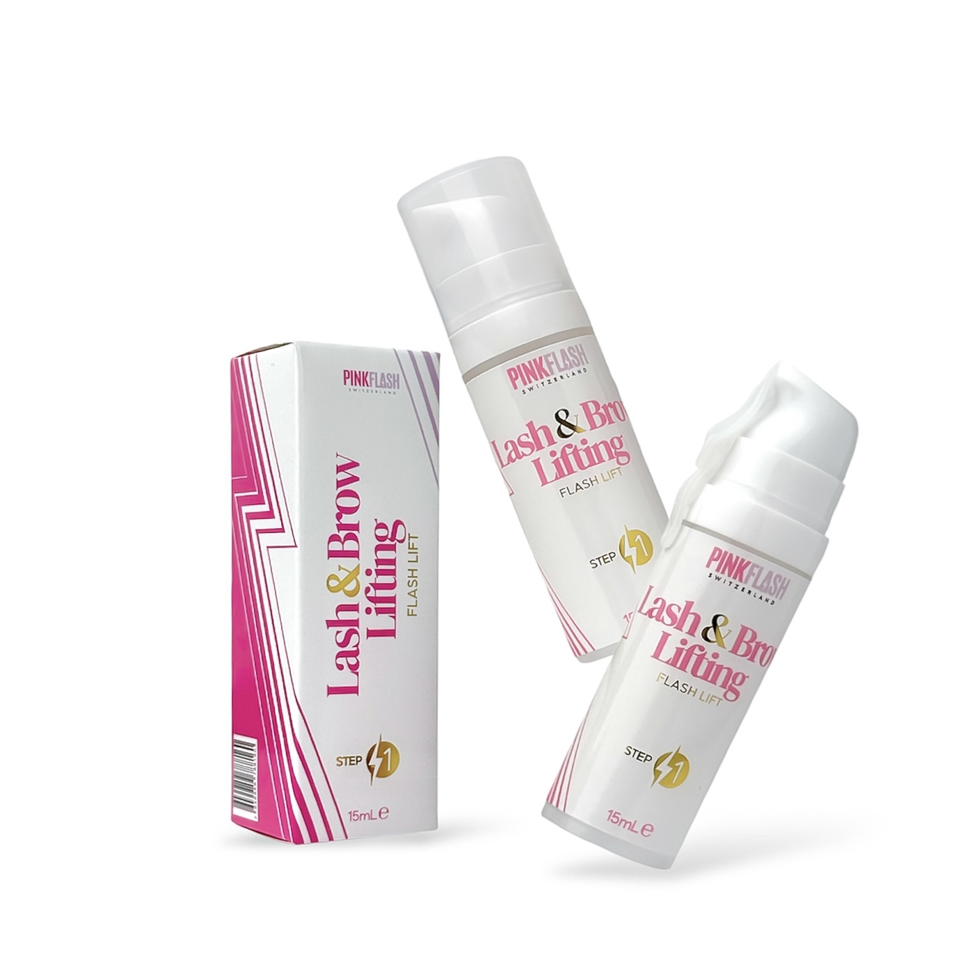 Pink Flash Lash & Brow Lift – Passo 1 Permanente 15 ml Dois frascos com produto Lash & Brow Lifting e uma caixa da marca PINKFLASH em fundo branco