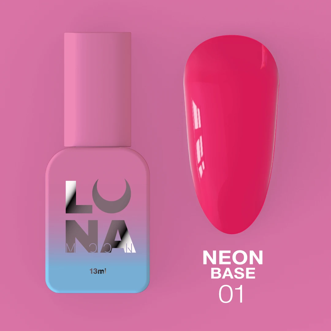 Neon Base №1 Raspberry – Rosa Néon – 13 ml LUNAmoon Frasco de esmalte de unhas Luna rosa e azul com amostra de cor neon rosa