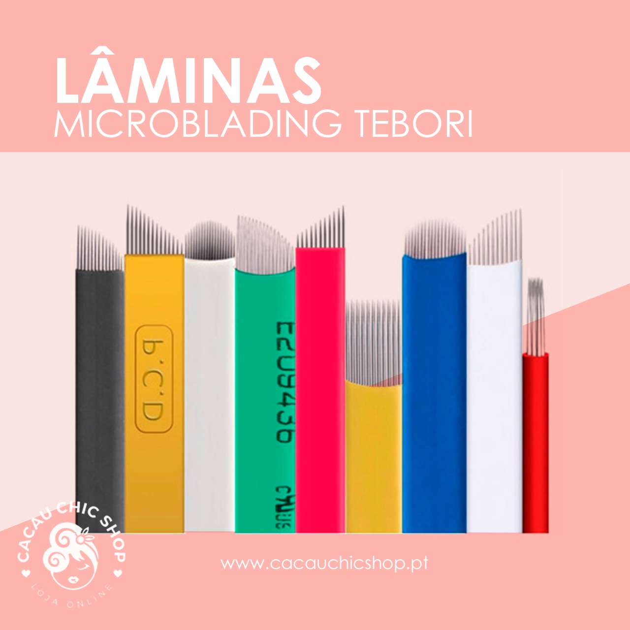 Lâminas - Hard - U - Circular - Plana Double Lâminas para microblading Tebori coloridas com texto e fundo rosa