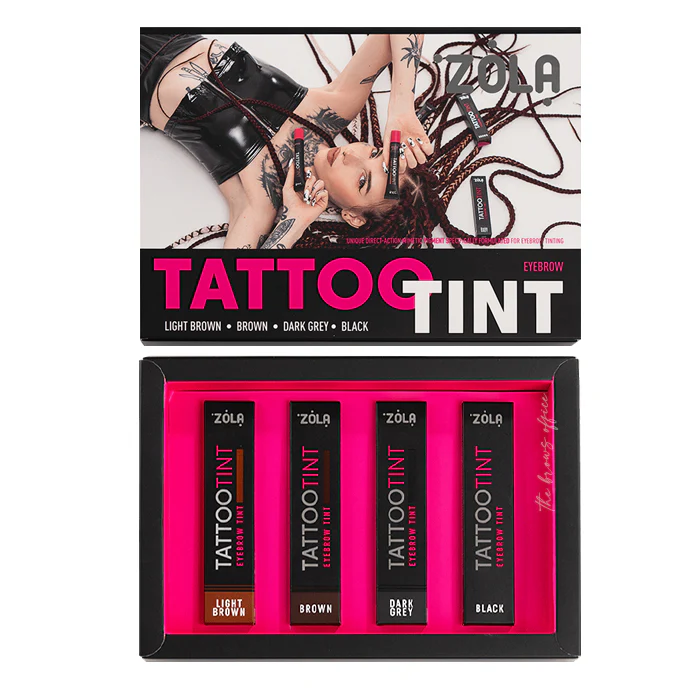 ZOLA Tattoo Tint Set - Coloração de Sobrancelhas e Pestanas Conjunto Zola Tattoo Tint para sobrancelhas com quatro tonalidades e imagem de mulher tatuada na embalagem