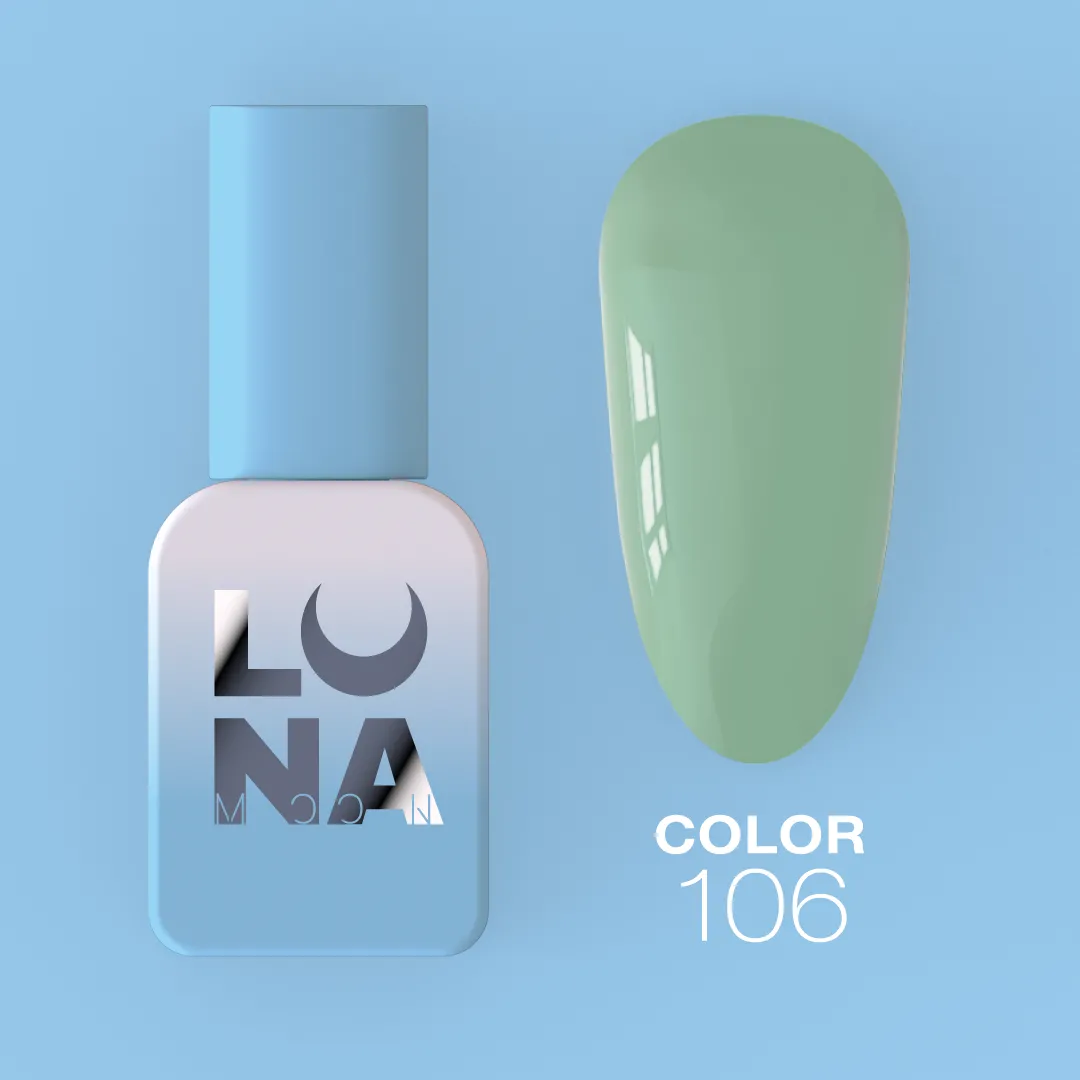 Verniz Gel – Gel Polish Nº106 Sage – 13 ml LUNAmoon Frasco de verniz azul claro e unha pintada verde claro com código 106