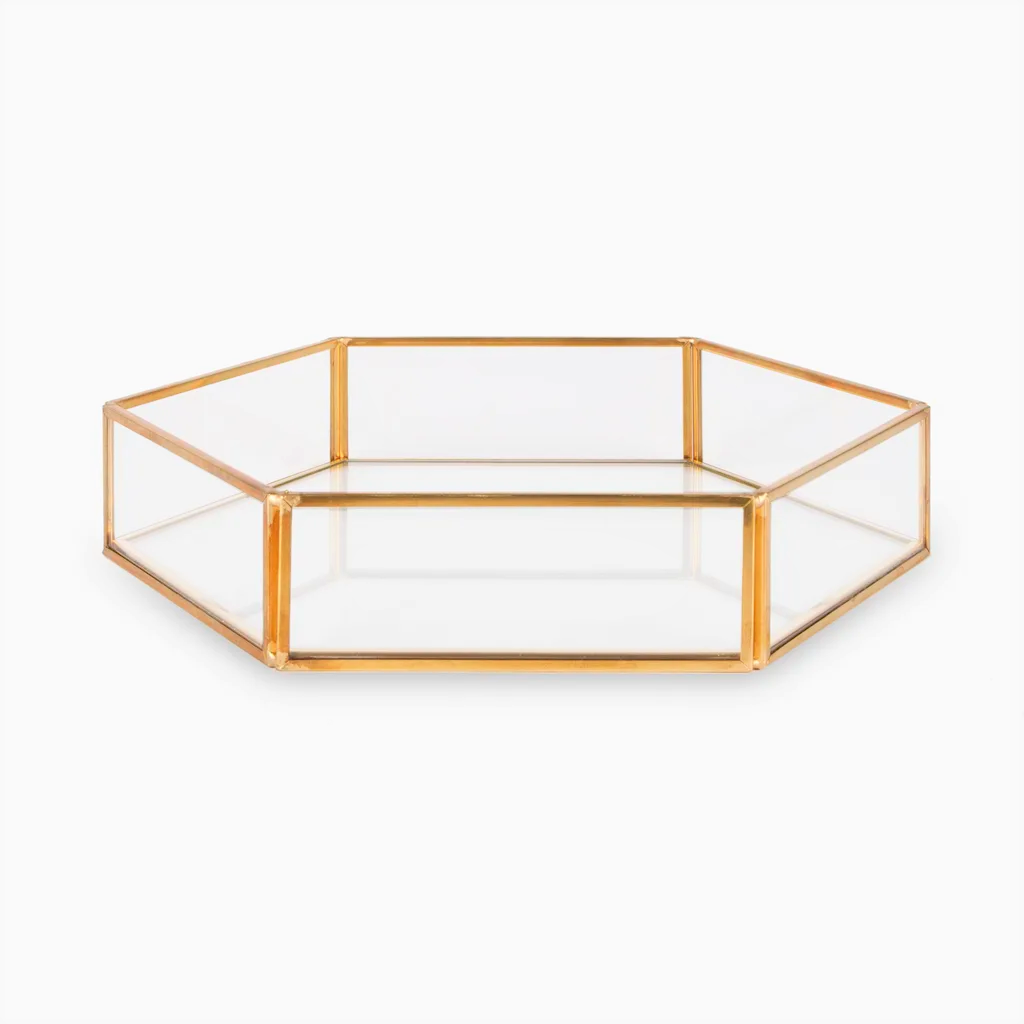 Tabuleiro Espelhado Dourado Paris Bandeja hexagonal de vidro com moldura dourada