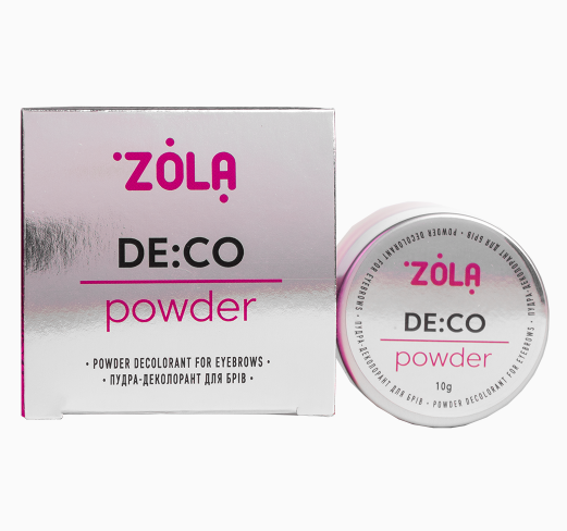 Eyebrow Powder DE:CO - Pó Descolorante - Zola Pó decoloração para sobrancelhas ZOLA DE:CO powder em caixa e frasco prateado