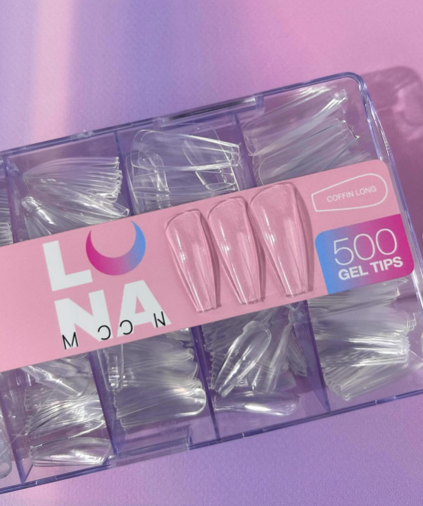 Coffin Long Tips – Bailarina 500 pcs – LUNAmoon Caixa plástica com 500 pontas de gel transparentes para unhas formato coffin long
