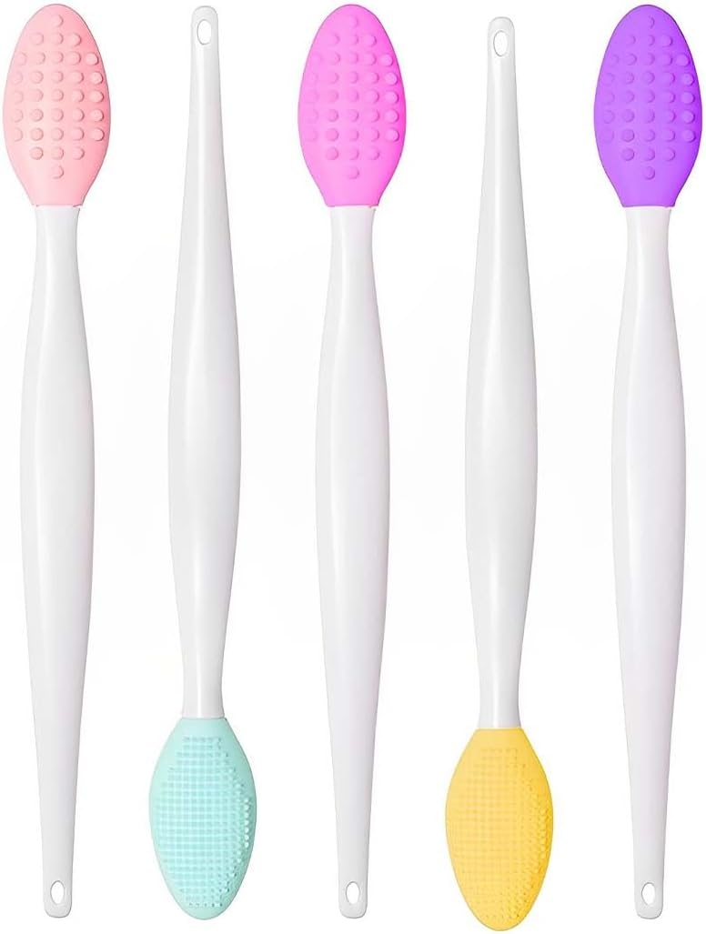 Escova Esfoliante Lábios e Sobrancelhas 5 und Utensílios de silicone coloridos com cabos brancos em fundo branco.