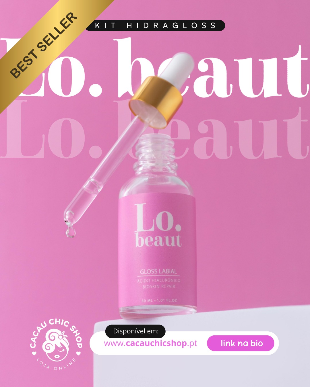 Gloss Labial LO BEAUT 30 ml - Hidragloss, Home Care e Pós Micro Frasco rosa de gloss labial com conta-gotas dourado sobre fundo rosa