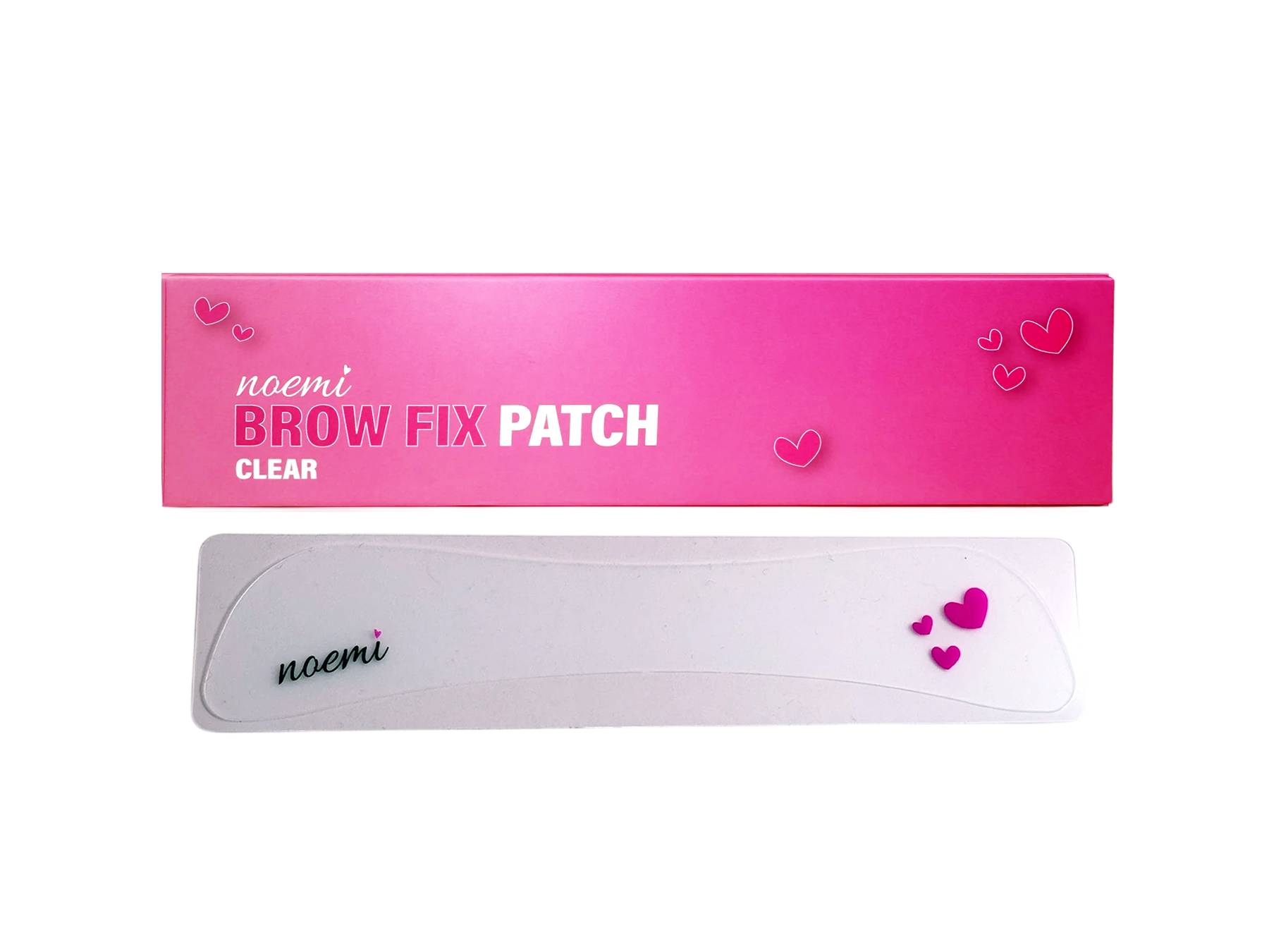 Noemi Brow Fix Patch Clear - Patches de Laminação Transparentes Embalagem rosa de patch para sobrancelhas com texto e design de corações pequenos.