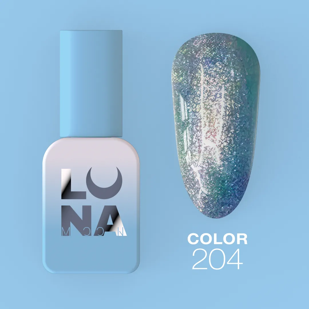 Verniz Gel – Gel Polish Nº204 Turquoise – 13 ml LUNAmoon Frasco de verniz de unhas azul claro com texto 'LUNA' e amostra de verniz cor 204