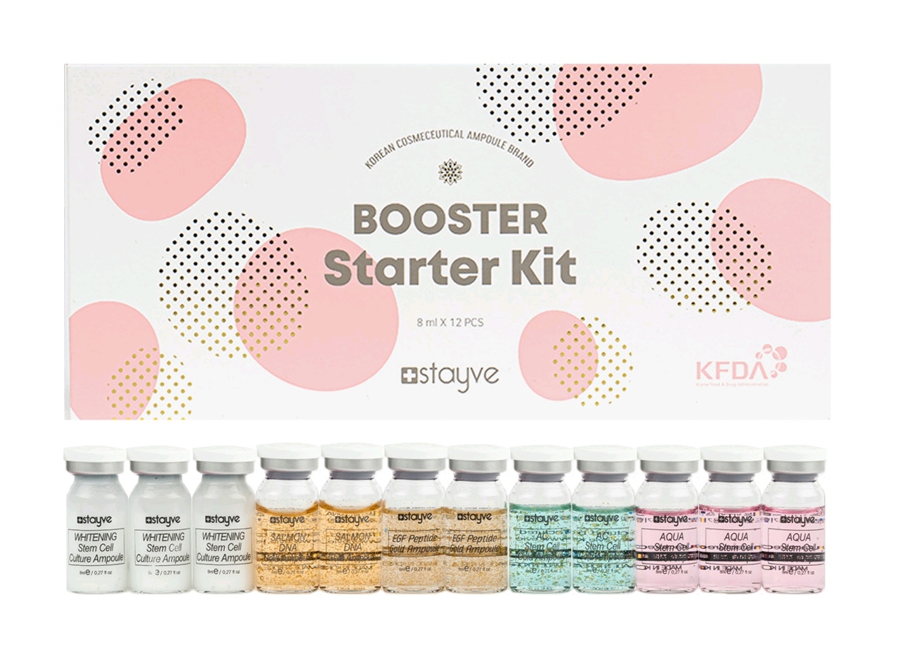 Kit BB Glow Soros 12 Ampolas Stayve - Hidratação, Regeneração & Luminosidade Kit Booster Starter Kit da Stayve com 12 frascos coloridos numa caixa branca com padrões de círculos cor-de-rosa