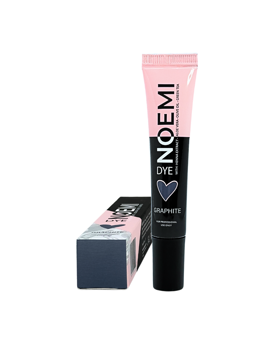 Noemi Dye Graphite - Coloração Cinzento Frio 15 ml Tubo e caixa de tintura NUMÉMI DYE cor GRAPHITE em tons rosa e preto.
