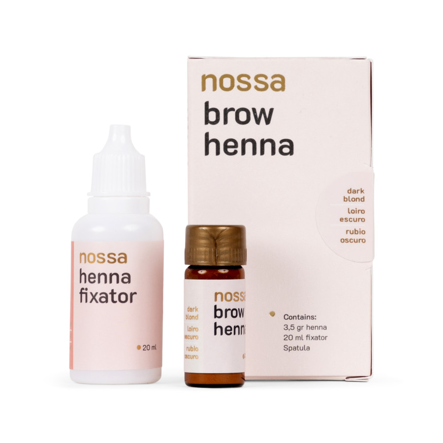 Henna + Fixador NOSSA para Sobrancelhas - Louro Escuro Kit Nossa Brow Henna tonalidade loiro escuro com dois frascos e embalagem branca